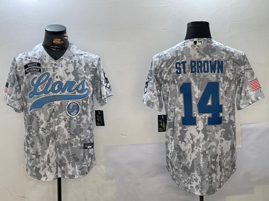 Men's Detroit Lions #14 Amon-Ra St. Brown 2024 Arctic Camo Salute To Service Stitched Baseball Jersey