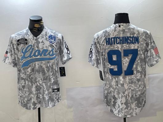 Men's Detroit Lions #97 Aidan Hutchinson 2024 Arctic Camo Salute To Service 90TH Patch Stitched Baseball Jersey