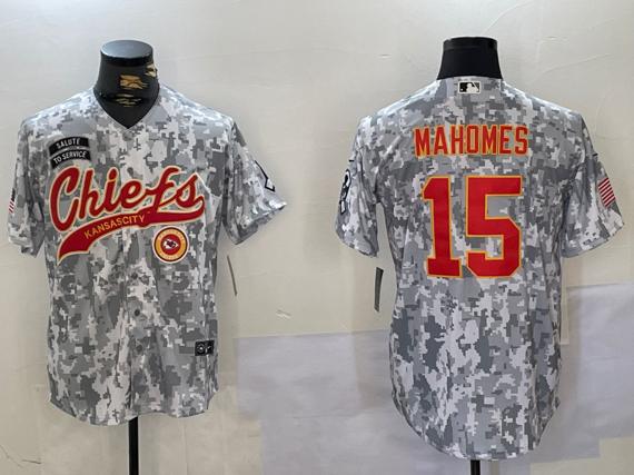 Men's Kansas City Chiefs #15 Patrick Mahomes 2024 Arctic Camo Salute To Service Stitched Baseball Jerseys