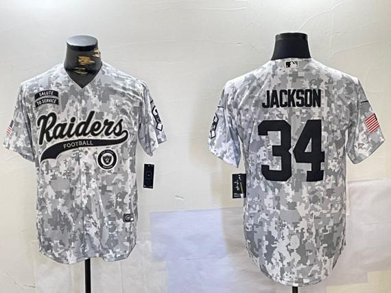 Men's Las Vegas Raiders #34 Bo Jackson 2024 Arctic Camo Salute To Service Stitched Baseball Jersey