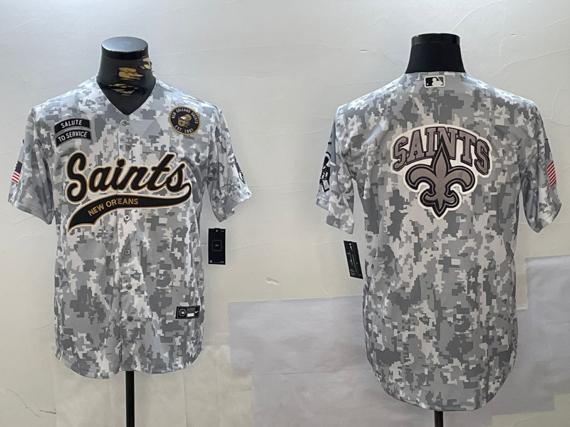 Men's New Orleans Saints Team Big Logo 2024 Arctic Camo Salute To Service Stitched Baseball Jersey