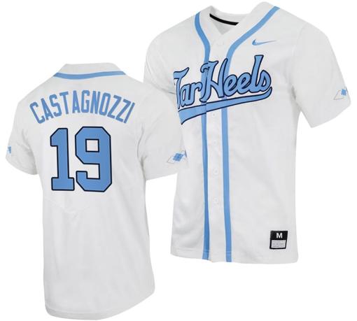 Men's Johnny Castagnozzi Jersey #19 North Carolina Tar Heels Baseball White Full-Button