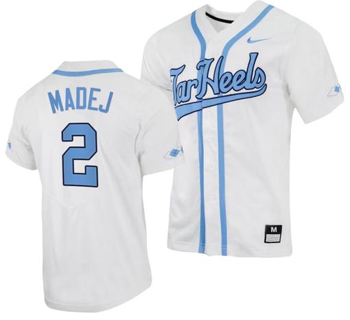 Men's Mikey Madej Jersey #2 North Carolina Tar Heels Baseball White Full-Button