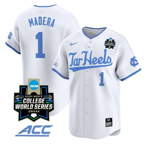 Men's Alex Madera Jersey #1 North Carolina Tar Heels 2024 College World Series Vapor Premier Limited NCAA Baseball Stitched White