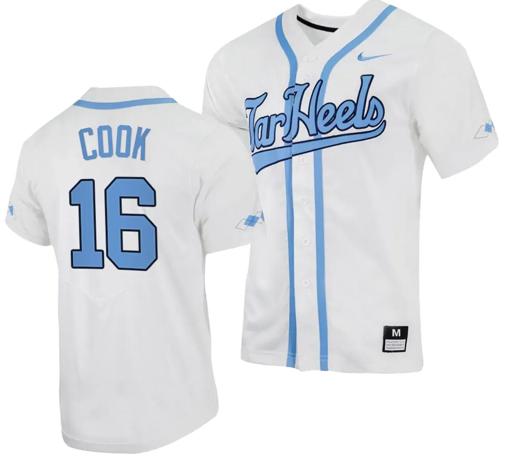 Men's Casey Cook Jersey #16 North Carolina Tar Heels Baseball White Full-Button