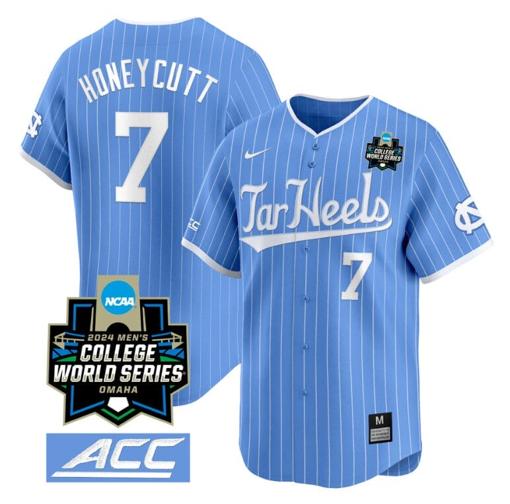 Men's Vance Honeycutt Jersey North Carolina Tar Heels 2024 College World Series Vapor Premier Limited NCAA Baseball Stitched Blue Pinstripe