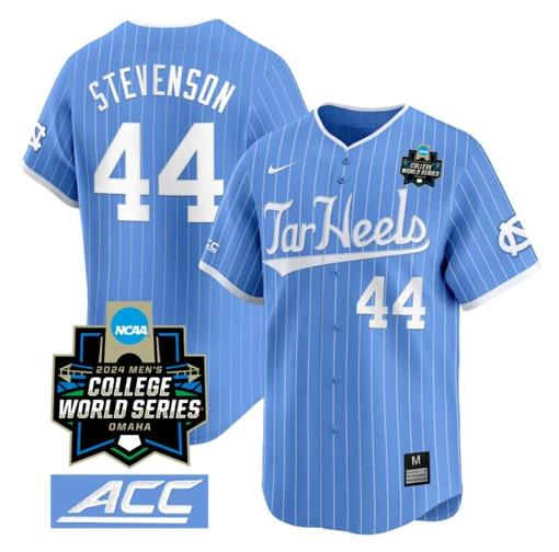 Men's Luke Stevenson Jersey #44 North Carolina Tar Heels 2024 College World Series Vapor Premier Limited NCAA Baseball Stitched Blue Pinstripe