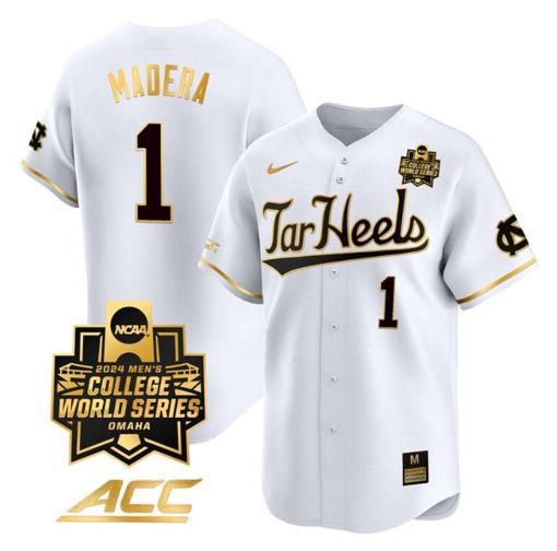 Men's Alex Madera Jersey #1 North Carolina Tar Heels 2024 College World Series Vapor Premier Limited NCAA Baseball Stitched White Gold