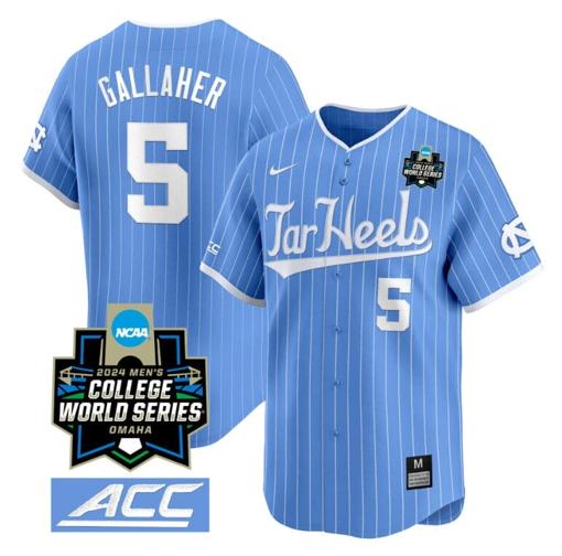 Men's Gavin Gallaher Jersey #5 North Carolina Tar Heels 2024 College World Series Vapor Premier Limited NCAA Baseball Stitched Blue Pinstripe