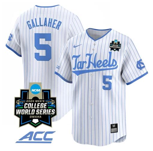 Men's Gavin Gallaher Jersey #5 North Carolina Tar Heels 2024 College World Series Vapor Premier Limited NCAA Baseball Stitched White Pinstripe