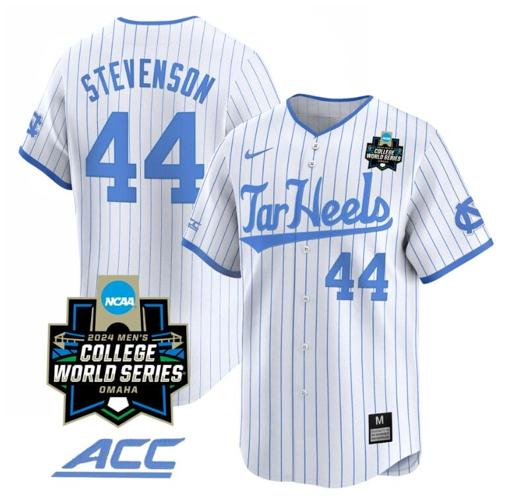 Men's Luke Stevenson Jersey #44 North Carolina Tar Heels 2024 College World Series Vapor Premier Limited NCAA Baseball Stitched White Pinstripe