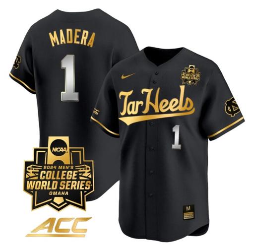 Men's Alex Madera Jersey #1 North Carolina Tar Heels 2024 College World Series Vapor Premier Limited NCAA Baseball Stitched Black Gold