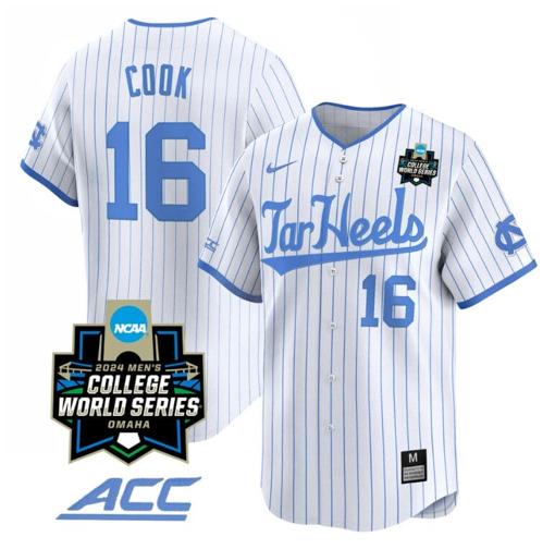 Men's Casey Cook Jersey #16 North Carolina Tar Heels 2024 College World Series Vapor Premier Limited NCAA Baseball Stitched White Pinstripe