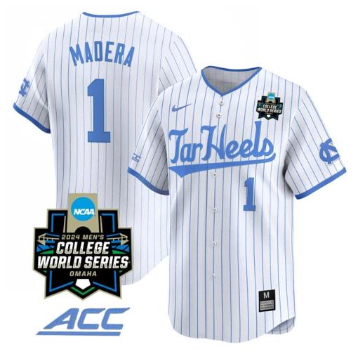 Men's Alex Madera Jersey #1 North Carolina Tar Heels 2024 College World Series Vapor Premier Limited NCAA Baseball Stitched White Pinstripe