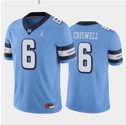 Men's Jacolby Criswell Jersey #6 North Carolina Tar Heels College Football All Stitched Blue