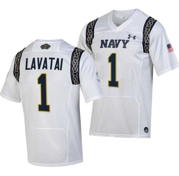 Men's Navy Midshipmen Tai Lavatai Jersey #1 College Football 2023 Aer Lingus Classic White Replica