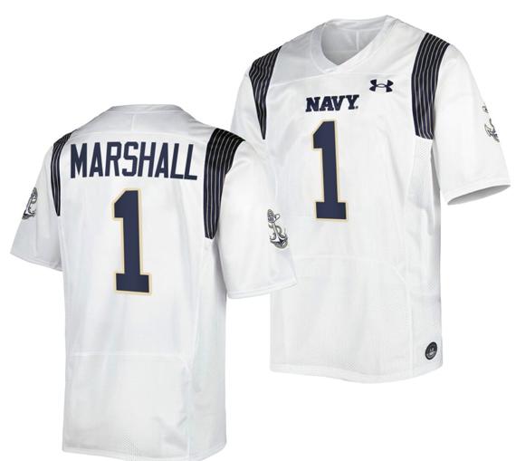 Men's John Marshall Jersey #1 Navy Midshipmen Premier Replica College Football White