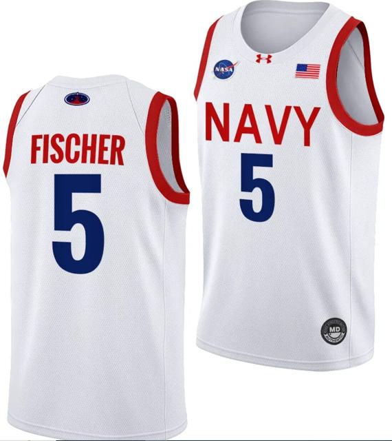 Men's Mitch Fischer Jersey #5 Navy Midshipmen NASA-Themed Basketball uniform 2023-24 White