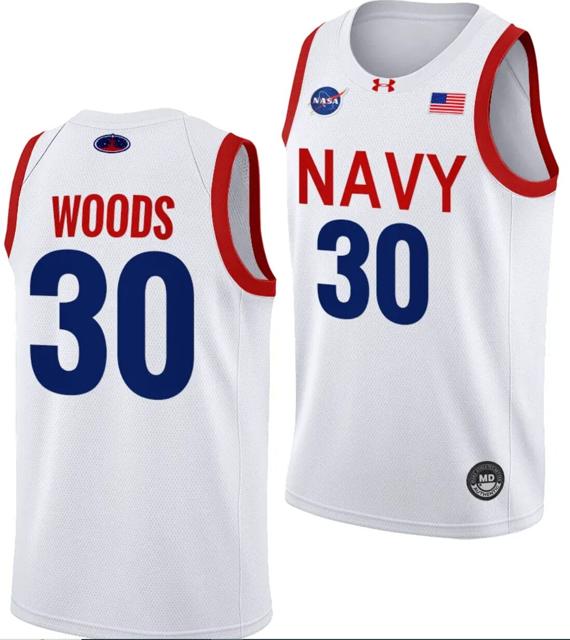 Men's Mike Woods Jersey #30 Navy Midshipmen NASA-Themed Basketball uniform 2023-24 White