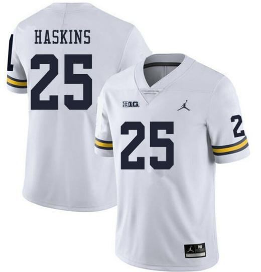 Men's Michigan Wolverines #25 Hassan Haskins White College Football Jersey