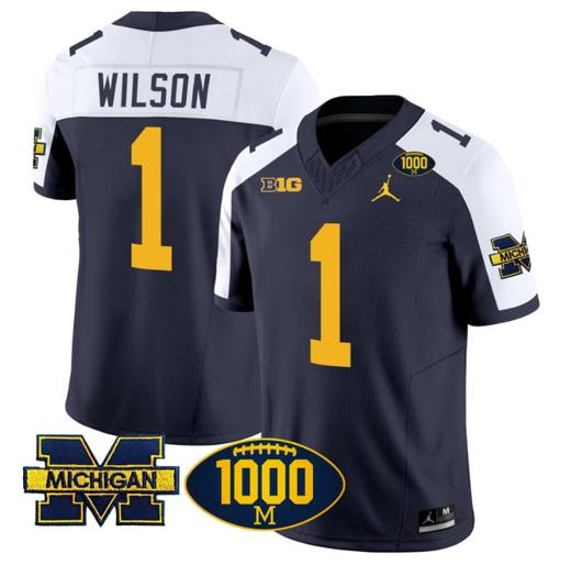 Men's Roman Wilson Jersey #1 Michigan Wolverines 1000 Wins Patch Vapor College Football White