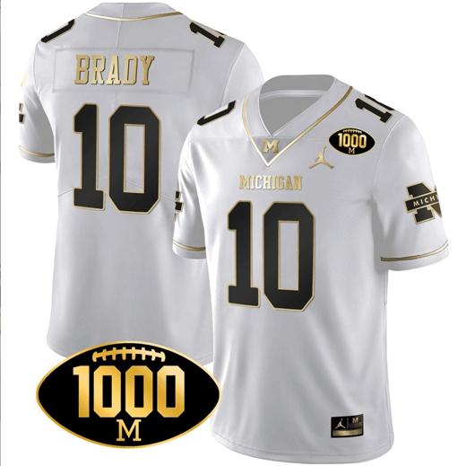 Men's Tom Brady Jersey #10 Michigan Wolverines 1000 Wins Patch Football All Stitched White Gold