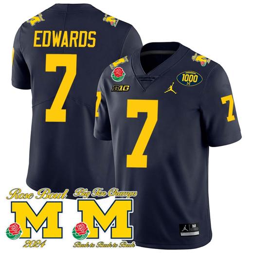 Men's Donovan Edwards Jersey #7 Michigan Wolverines 1000 Wins Rose Bowl Big Ten Champs Patch Navy