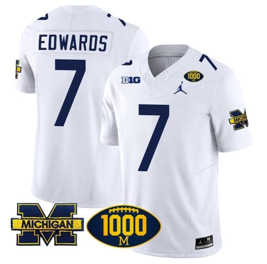 Men's Donovan Edwards Jersey #7 Michigan Wolverines 1000 Wins Patch Vapor College Football White