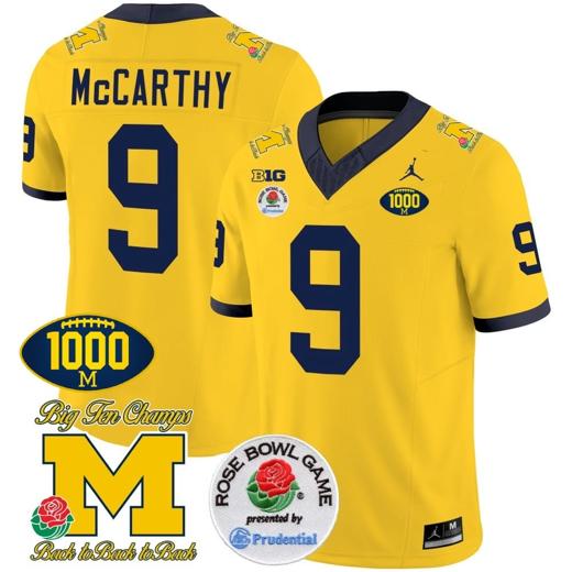 Men's JJ McCarthy Jersey #9 Michigan Wolverines Vapor Stitched 1000 Wins Rose Bowl Patch Maize