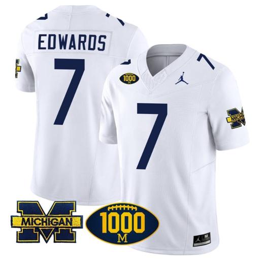 Men's Donovan Edwards Jersey #7 Michigan Wolverines 1000 Wins Patch Vapor Limited Football White