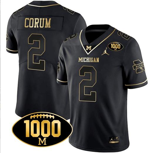 Men's Blake Corum Jersey #2 Michigan Wolverines 1000 Wins Patch Football All Stitched Black Gold