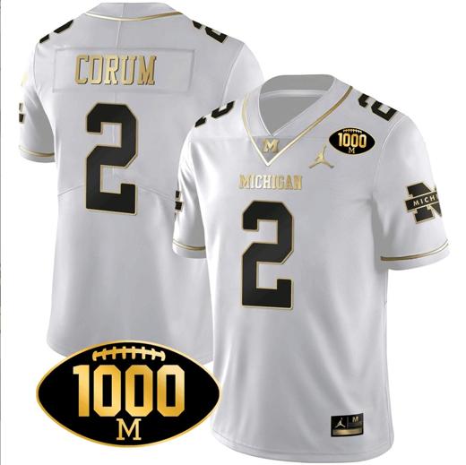 Men's Blake Corum Jersey #2 Michigan Wolverines 1000 Wins Patch Football All Stitched White Gold