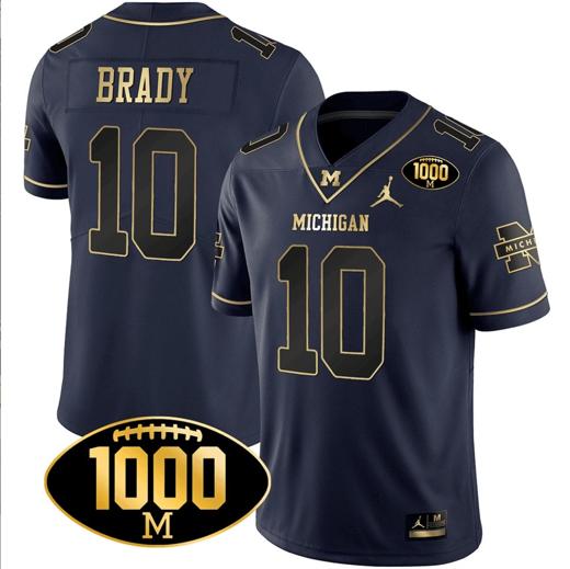 Men's Tom Brady Jersey #10 Michigan Wolverines 1000 Wins Patch Football All Stitched Navy Gold