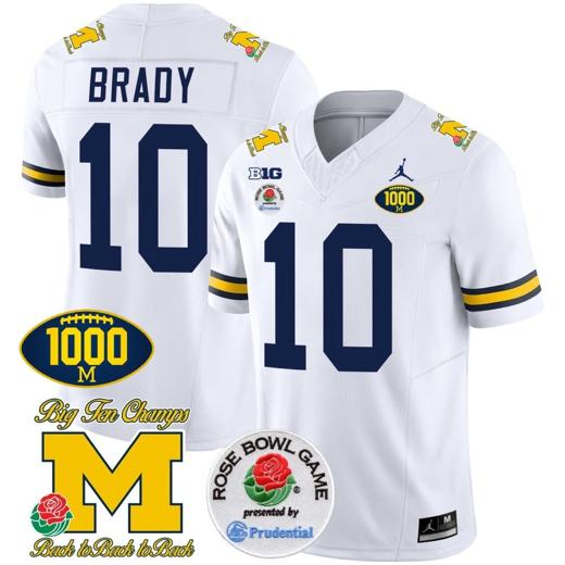 Men's Tom Brady Jersey #10 Michigan Wolverines Vapor Stitched 1000 Wins Rose Bowl Patch White