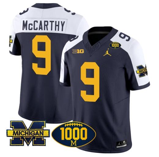 Men's JJ McCarthy Jersey #9 Michigan Wolverines 1000 Wins Patch Vapor College Football Navy Alternate