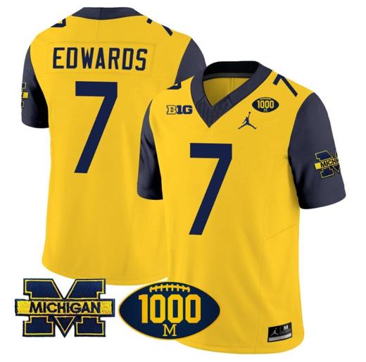 Men's Donovan Edwards Jersey #7 Michigan Wolverines 1000 Wins Patch Vapor College Football Navy Sleeves