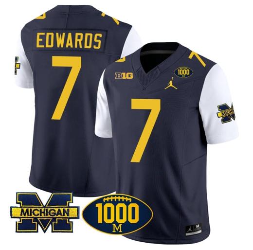 Men's Donovan Edwards Jersey #7 Michigan Wolverines 1000 Wins Patch Vapor College Football White Sleeves