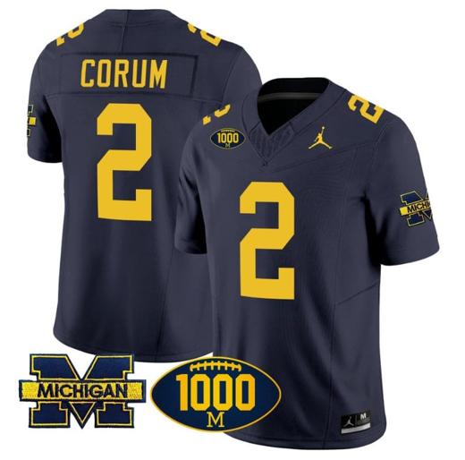 Men's Blake Corum Jersey #2 Michigan Wolverines 1000 Wins Patch Vapor Limited Football Navy Alternate