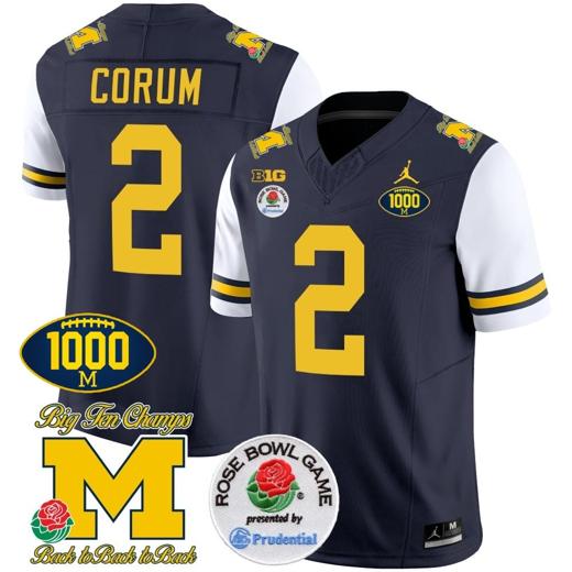 Men's Blake Corum Jersey #2 Michigan Wolverines Vapor Stitched 1000 Wins Rose Bowl Patch White Sleeves