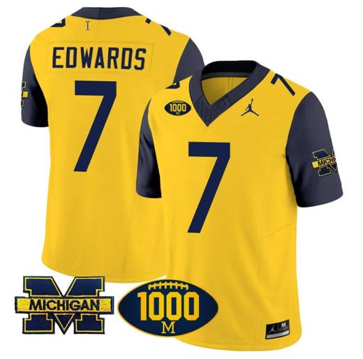 Men's Donovan Edwards Jersey #7 Michigan Wolverines 1000 Wins Patch Vapor Limited Football Navy Sleeves