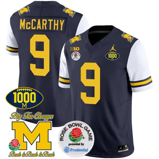 Men's JJ McCarthy Jersey #9 Michigan Wolverines Vapor Stitched 1000 Wins Rose Bowl Patch White Sleeves