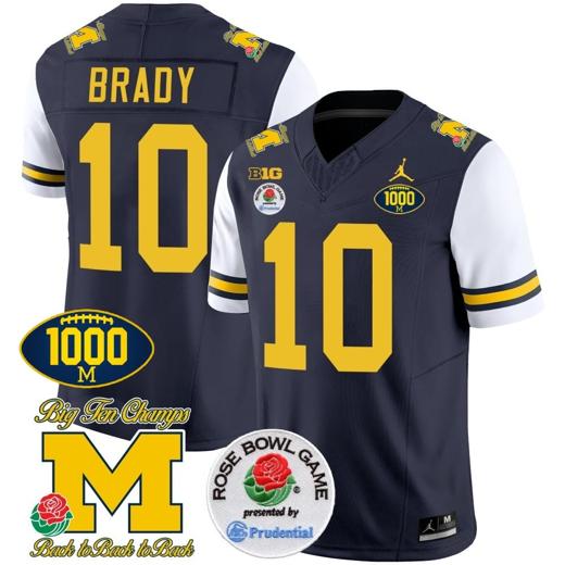 Men's Tom Brady Jersey #10 Michigan Wolverines Vapor Stitched 1000 Wins Rose Bowl Patch White Sleeves