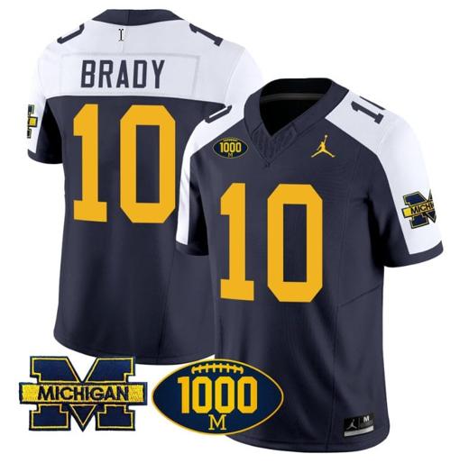 Men's Tom Brady Jersey #10 Michigan Wolverines 1000 Wins Patch Vapor Limited Football Navy Alternate