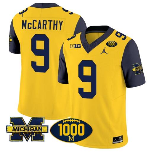 Men's JJ McCarthy Jersey #9 Michigan Wolverines 1000 Wins Patch Vapor College Football Navy Sleeves