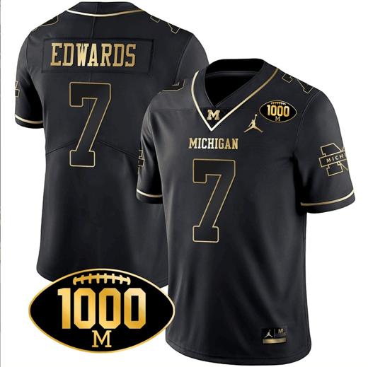 Men's Donovan Edwards Jersey #7 Michigan Wolverines 1000 Wins Patch Football All Stitched Black Gold