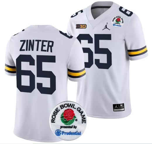 Men's Zak Zinter Jersey #65 Michigan Wolverines Rose Bowl Game 2024 Patch College Football Playoff White