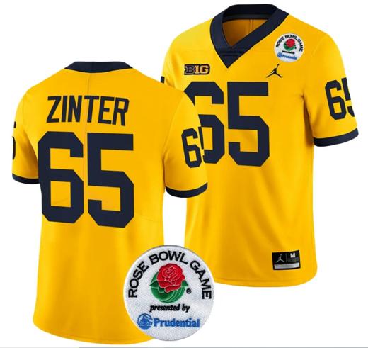 Men's Zak Zinter Jersey #65 Michigan Wolverines Rose Bowl Game 2024 Patch College Football Playoff Maize