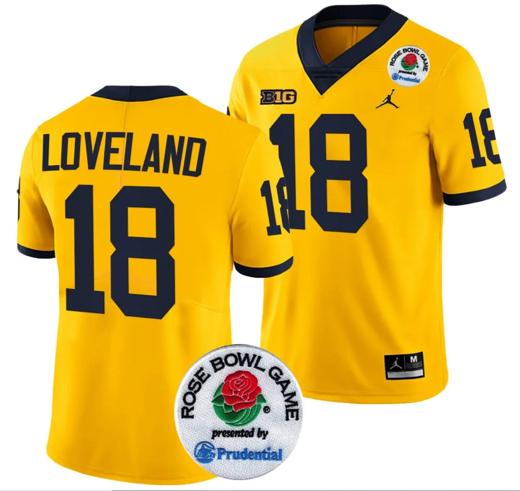 Men's Colston Loveland Jersey #18 Michigan Wolverines Rose Bowl Game 2024 Patch College Football Playoff Maize