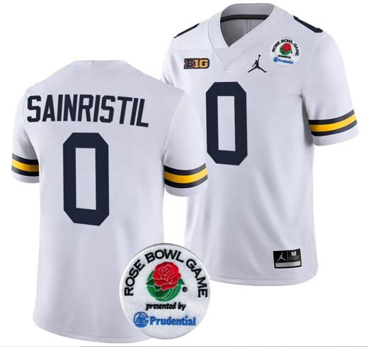 Men's Mike Sainristil Jersey #0 Michigan Wolverines Rose Bowl Game 2024 Patch College Football Playoff White