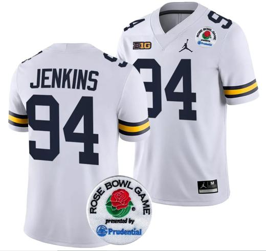 Men's Kris Jenkins Jersey #94 Michigan Wolverines Rose Bowl Game 2024 Patch College Football Playoff White